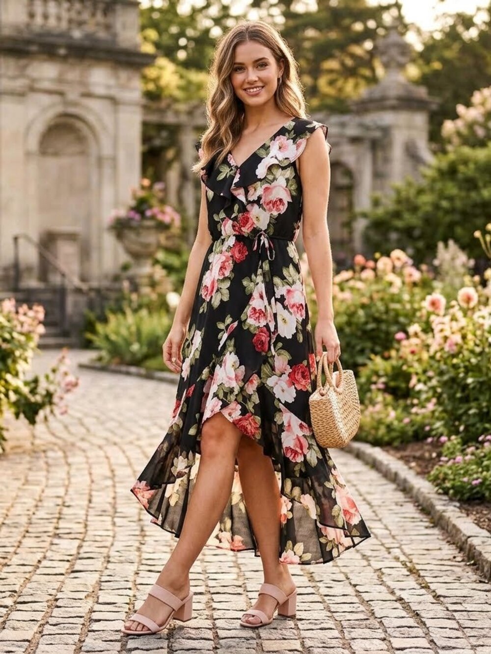 Socialite Black Floral Ruffle V-Neck Faux Wrap High Low Dress Size L